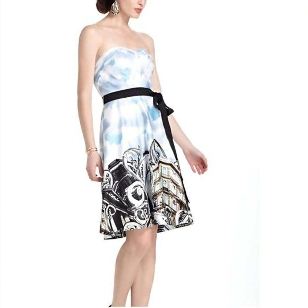 Anthro Moulinette Soeurs Skyward Paris skyline strapless cocktail dress 0